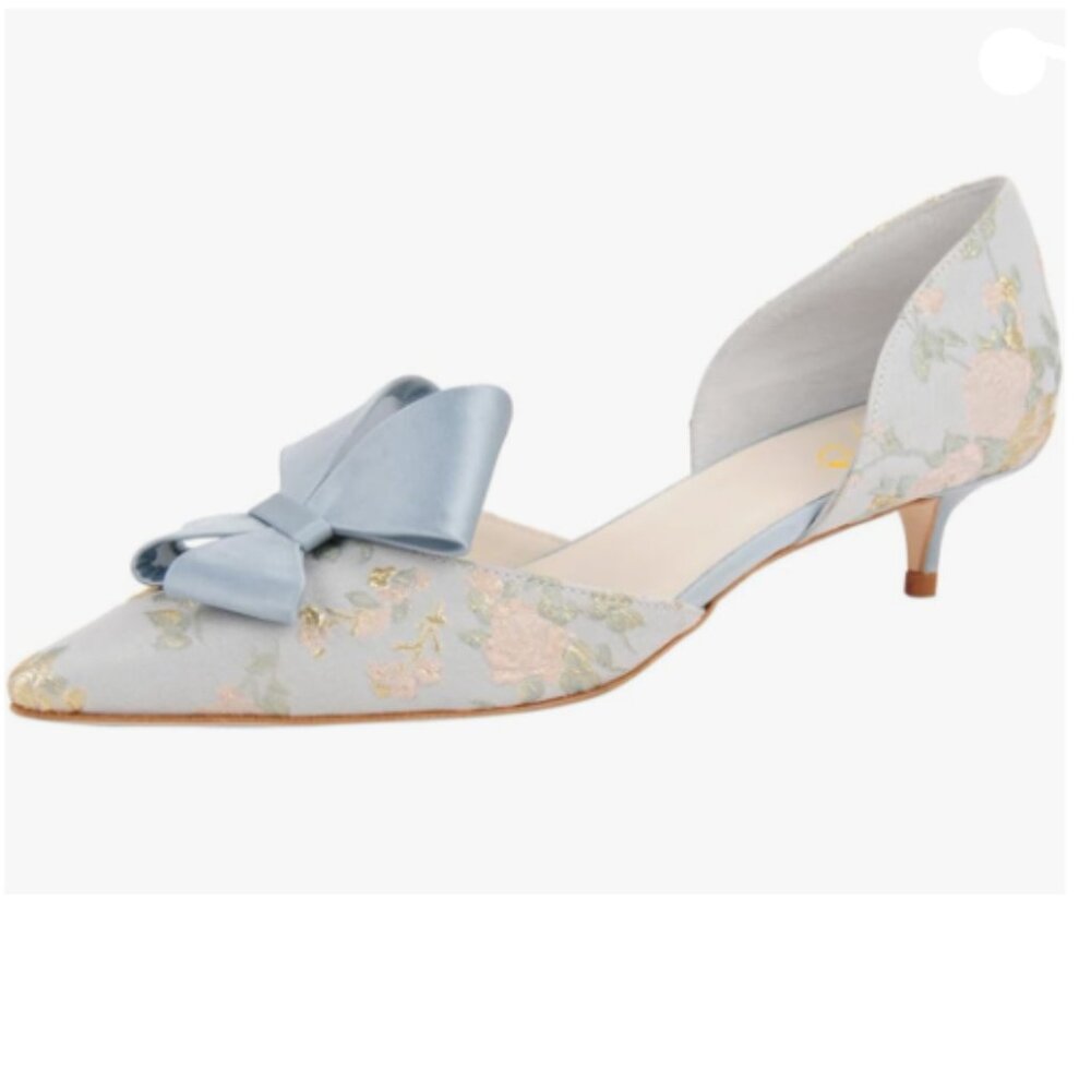 XYD Flower Embroidery D'Orsay Kitten Heel Bridal Bowknot Pumps Pointed Toe Shoes